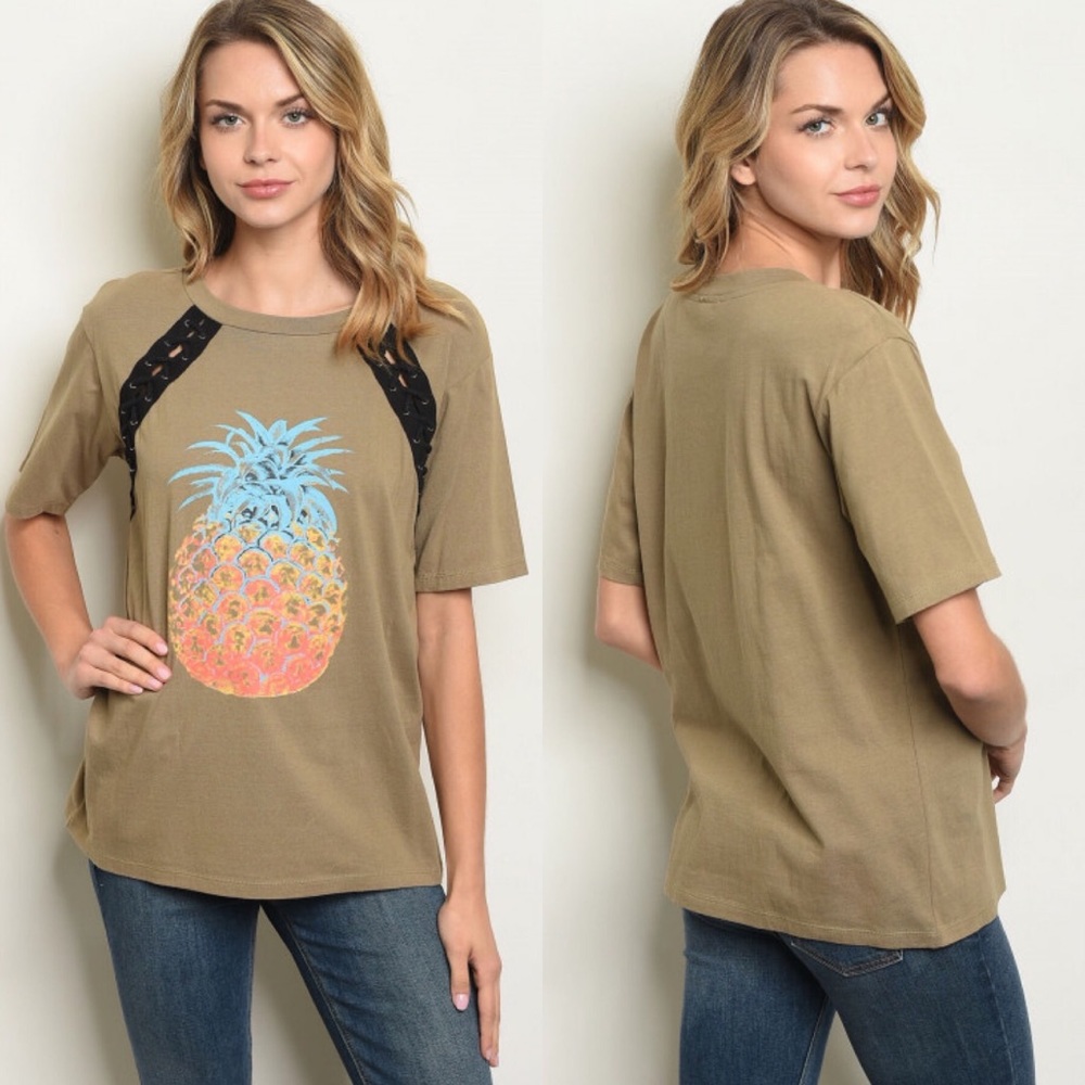 Small Pineapple Olive Lace Up Top Shirt Blouse